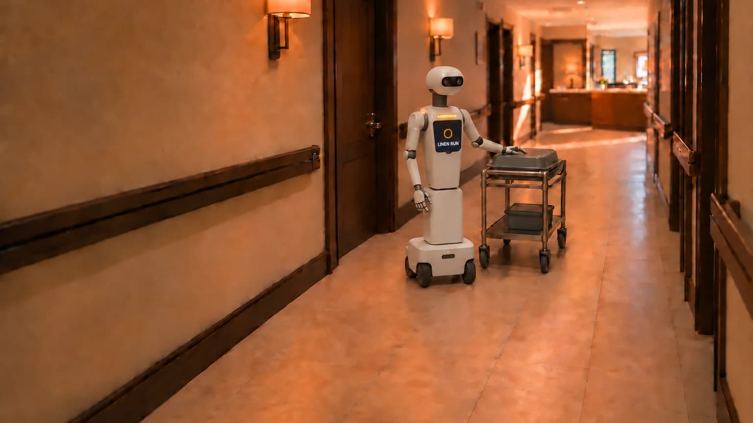 Three panels of the same care corridor, a Cereal torso robot on a wheeled base beside a supply cart in each, a nurse walking ahead