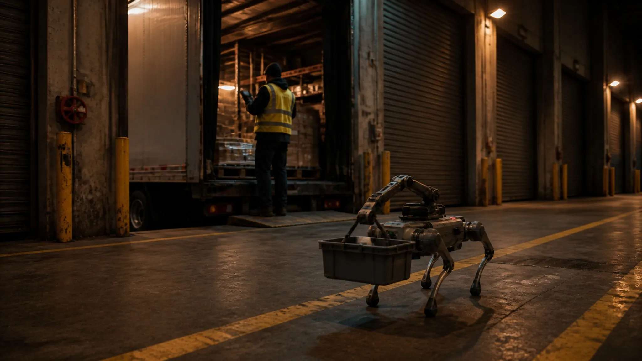 A quadruped robot carrying a parts bin across a distribution dock at night, a worker at an open truck door behind it