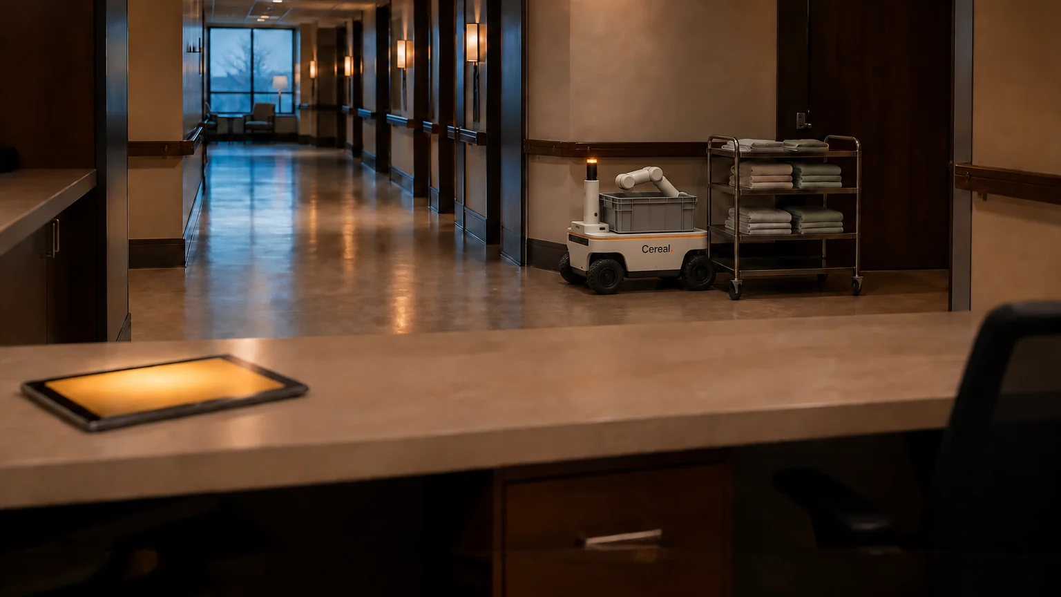A hospital ward corridor at first light, a Cereal transport base parked beside a linen cart at a bay door, an empty nurses' station in the foreground