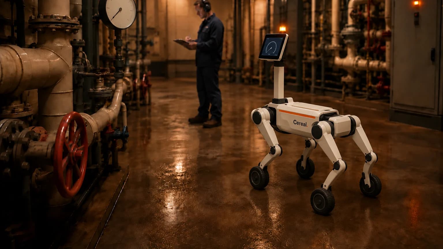 A Cereal wheeled quadruped raising its tablet mast to a pressure gauge in an energy plant room while an operator writes on a clipboard