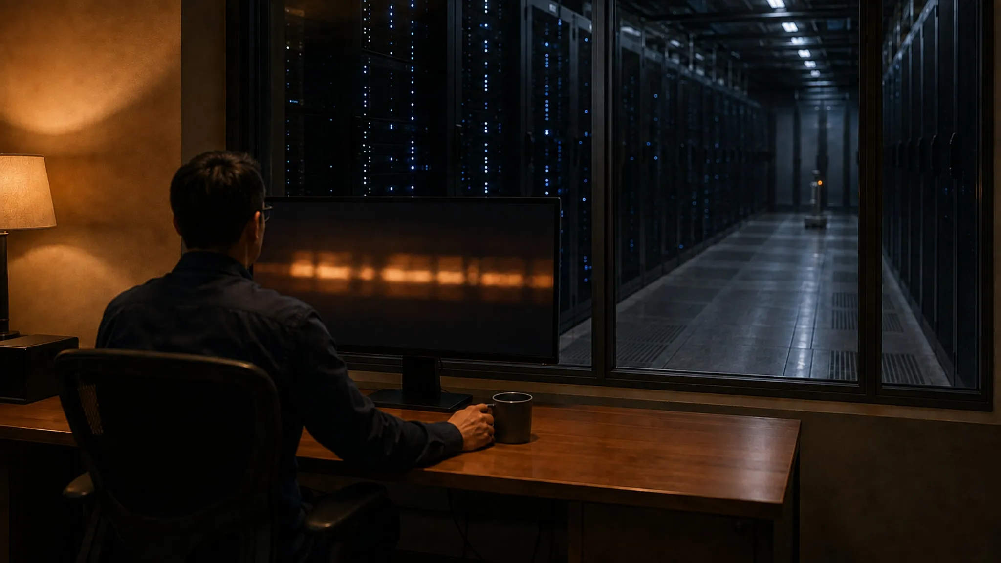 A facility operator at a single wide monitor in a data hall control room, the cold aisle behind glass with a wheeled mast robot on rounds far down the aisle