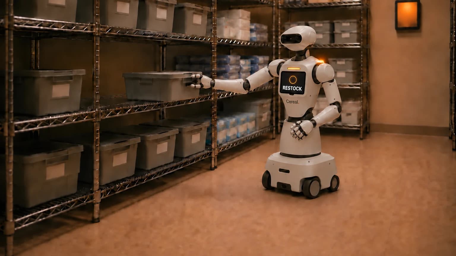 A Cereal torso robot on a wheeled base staging a tote in a facility supply room while the wall tablet glows, the site mind at work