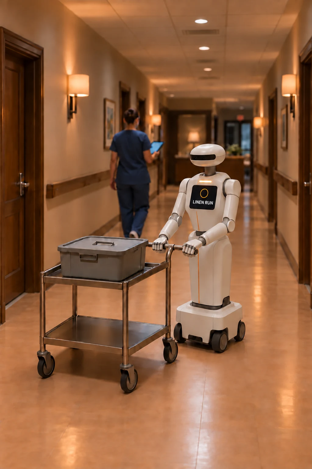 A Cereal torso robot on a wheeled base beside a supply cart in a care corridor, a nurse walking ahead