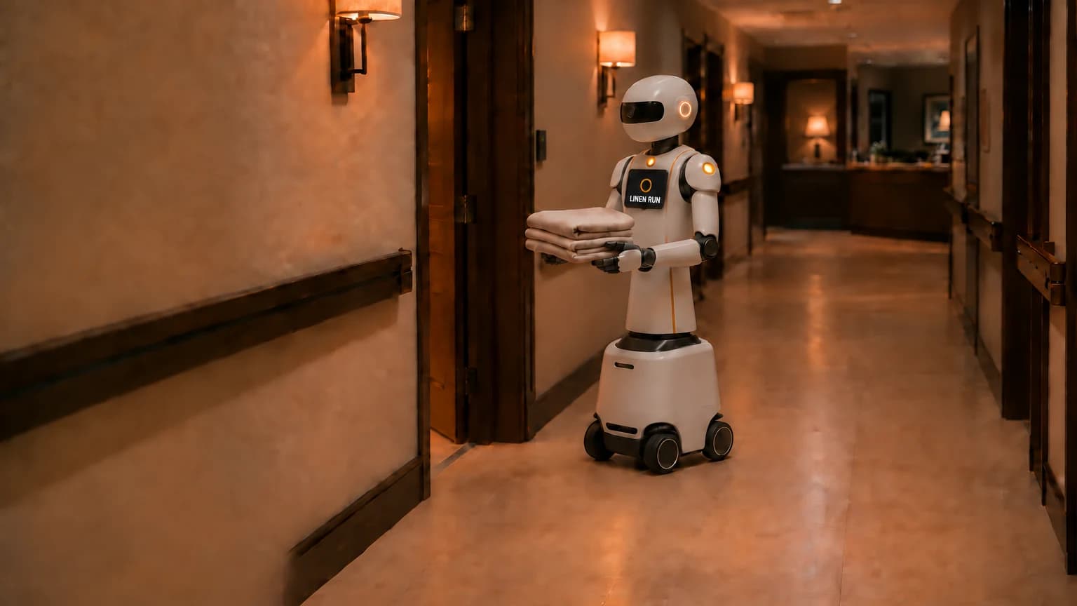 A Cereal torso robot on a wheeled base carrying folded linen at a doorway on a corridor built for people