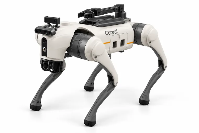 Cereal One with a small robotic arm folded along its back