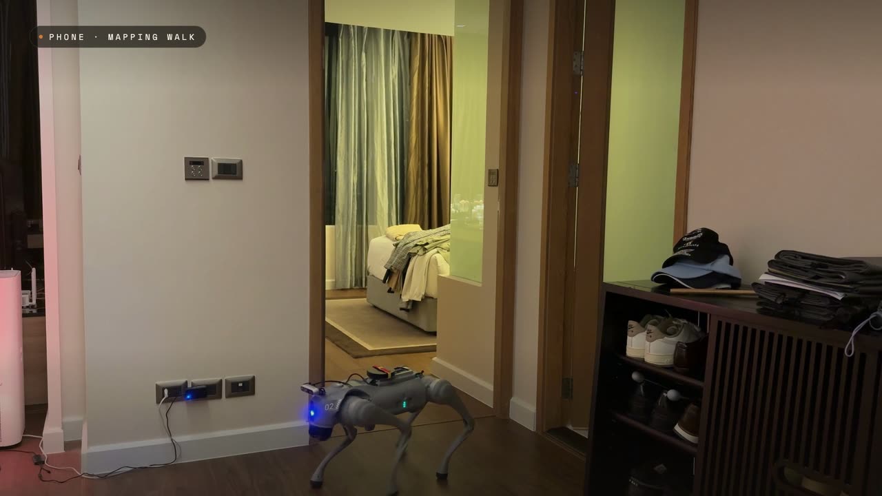 A still from Teach the home once: our robot walking out of a bedroom on the walk where the places in the home are named for Cole