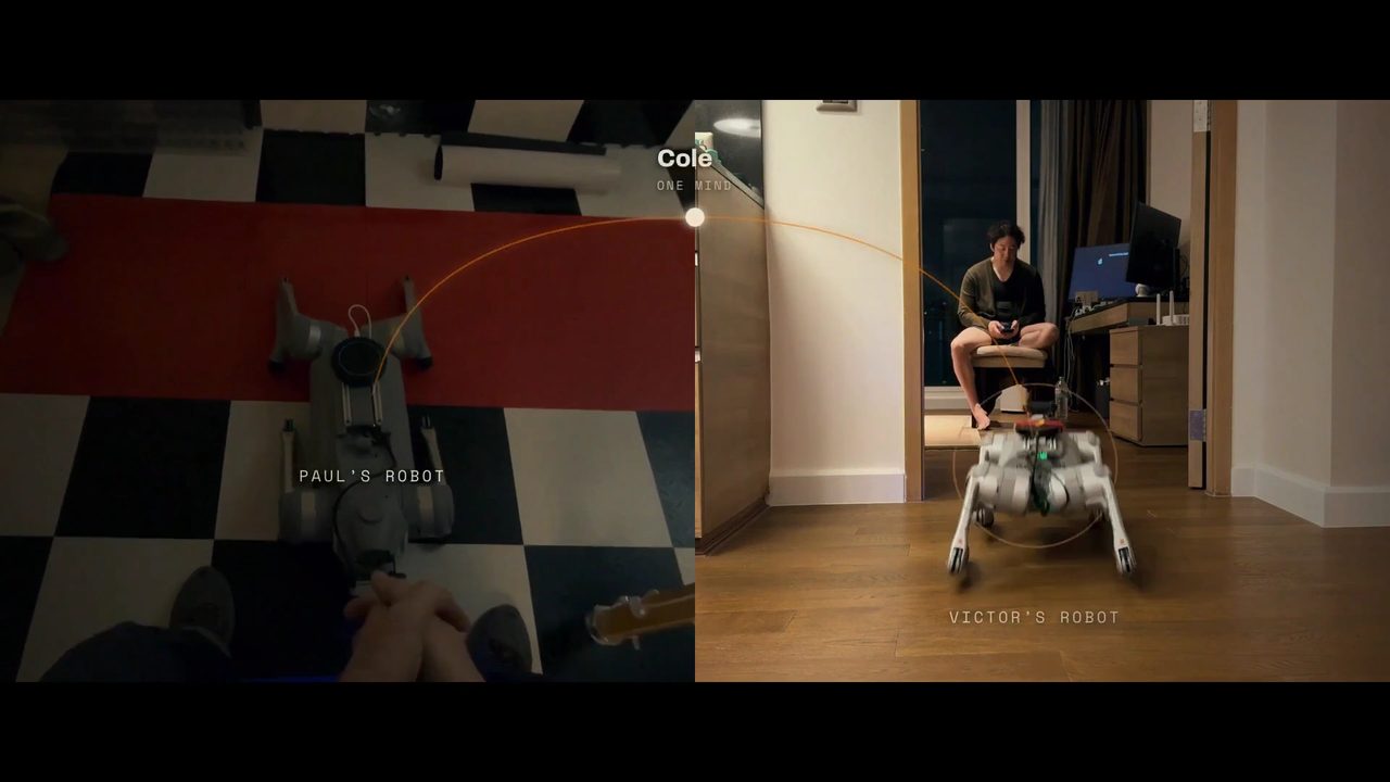 A still from the two-site film: Paul's robot at one site and Victor's robot at the other, joined by a line through Cole
