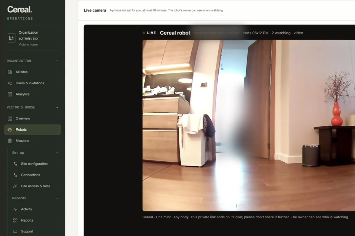 A real screen recording of the operations console showing the robot's private live camera and who is watching