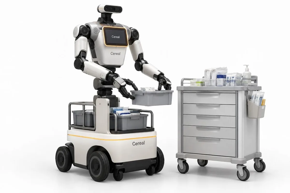 A planned robot with two arms on a wheeled base, lifting a tote of supplies beside a supply cart