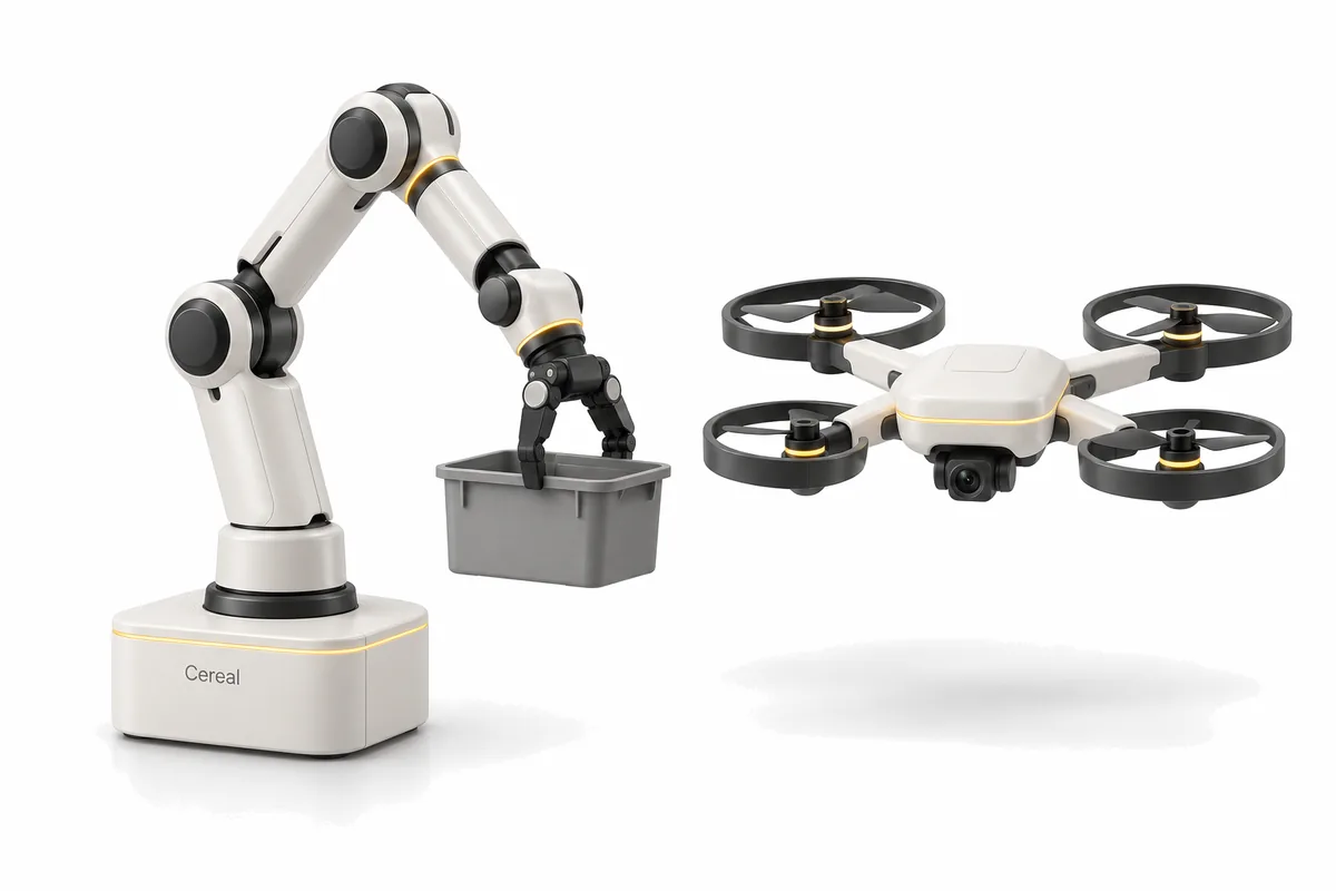 A planned robot arm on a fixed pedestal holding a tote, and a small four-rotor drone