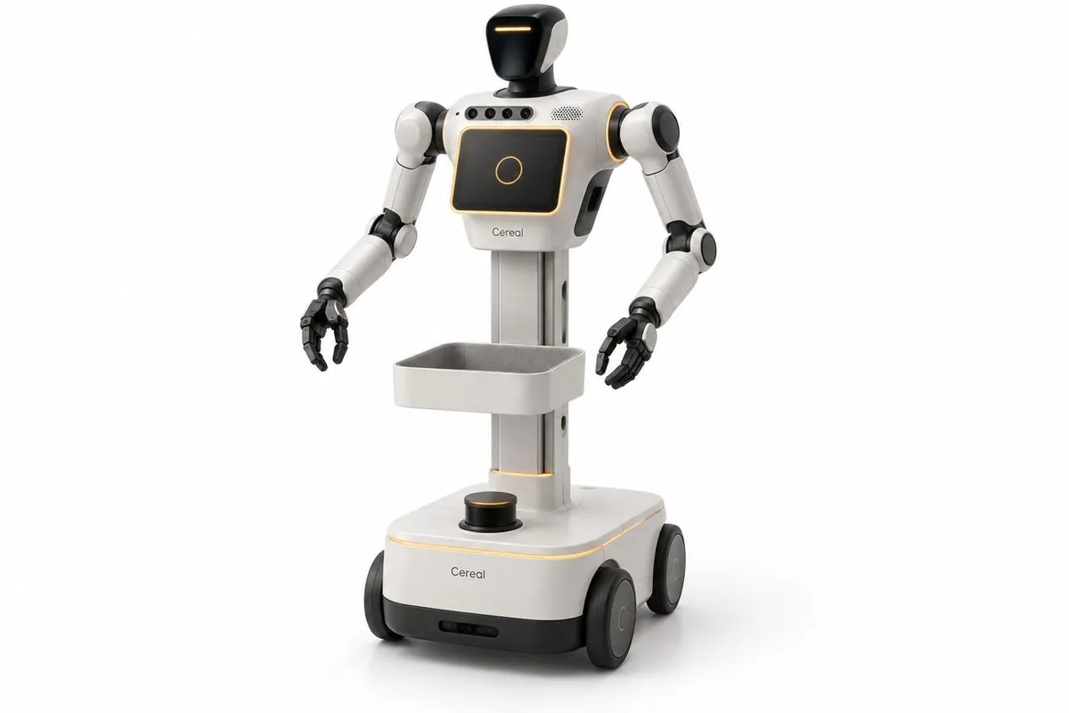 A planned humanoid upper body with two arms and a tray, on a wheeled base