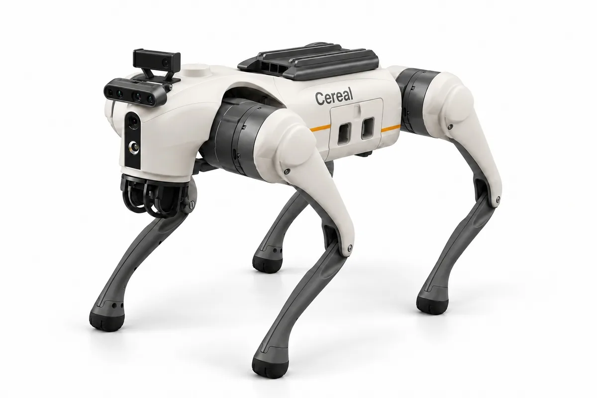Cereal's four-legged robot with a camera on its head and a computer box on its back