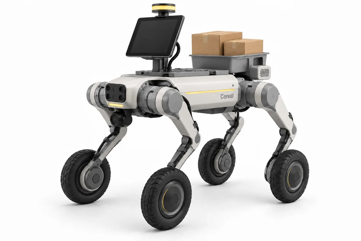 A planned robot on four wheeled legs carrying two parcels in a tray on its back