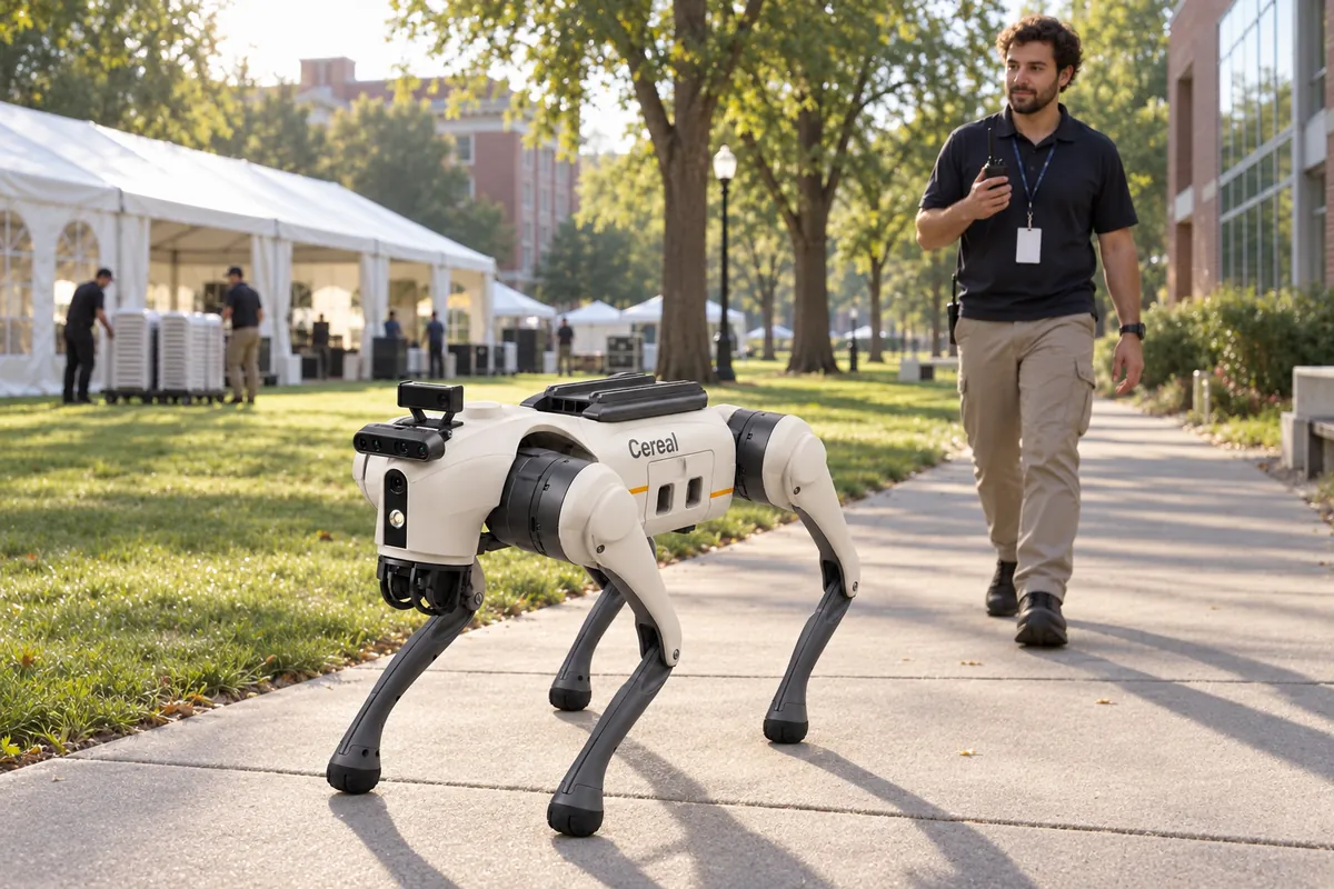 Cereal's four-legged robot walking along a campus path early in the morning as a staff member with a radio follows and a marquee is set up on the lawn