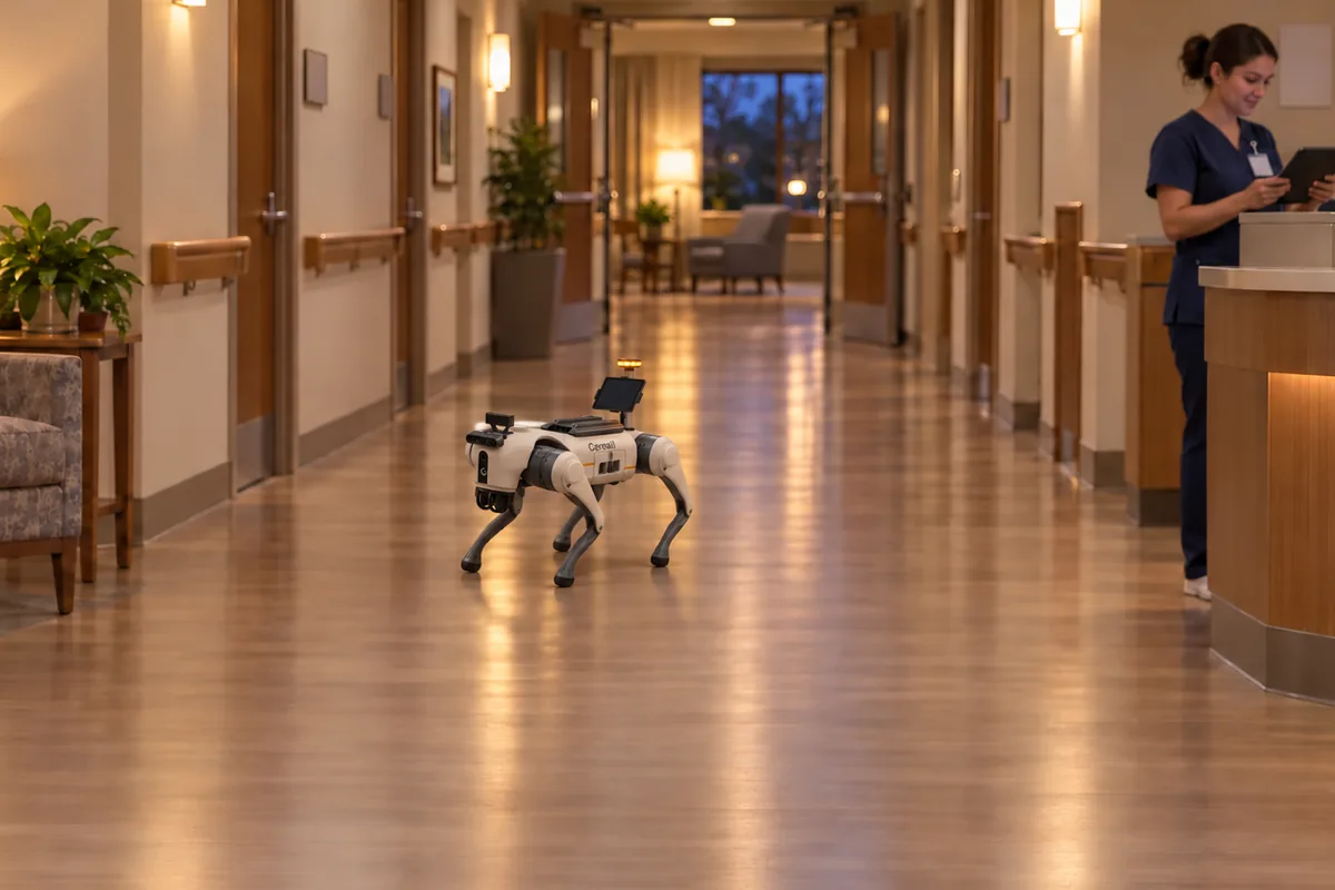 Cereal's four-legged robot walking along a care community corridor in the evening while a nurse at the nurse station looks at her tablet