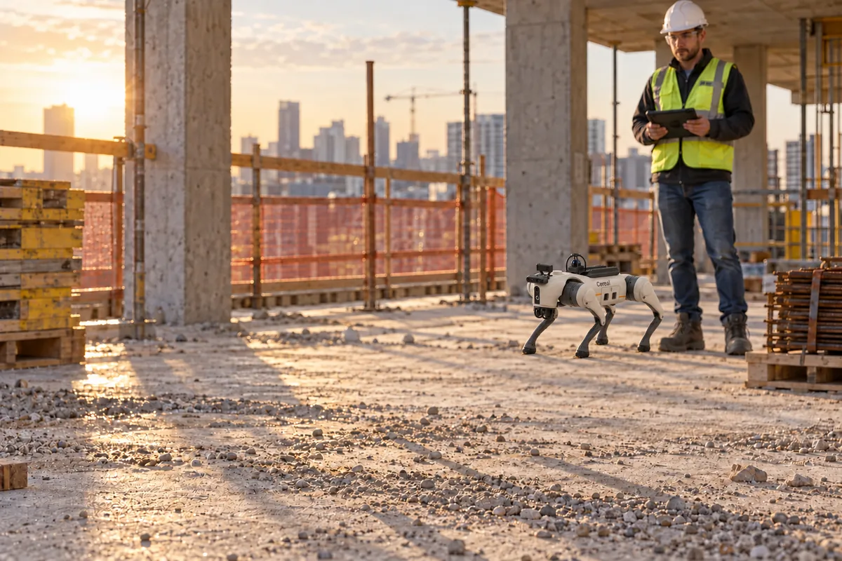 Cereal's four-legged robot walking across an unfinished concrete floor on a construction site at sunset while a site manager in a hard hat follows on a tablet