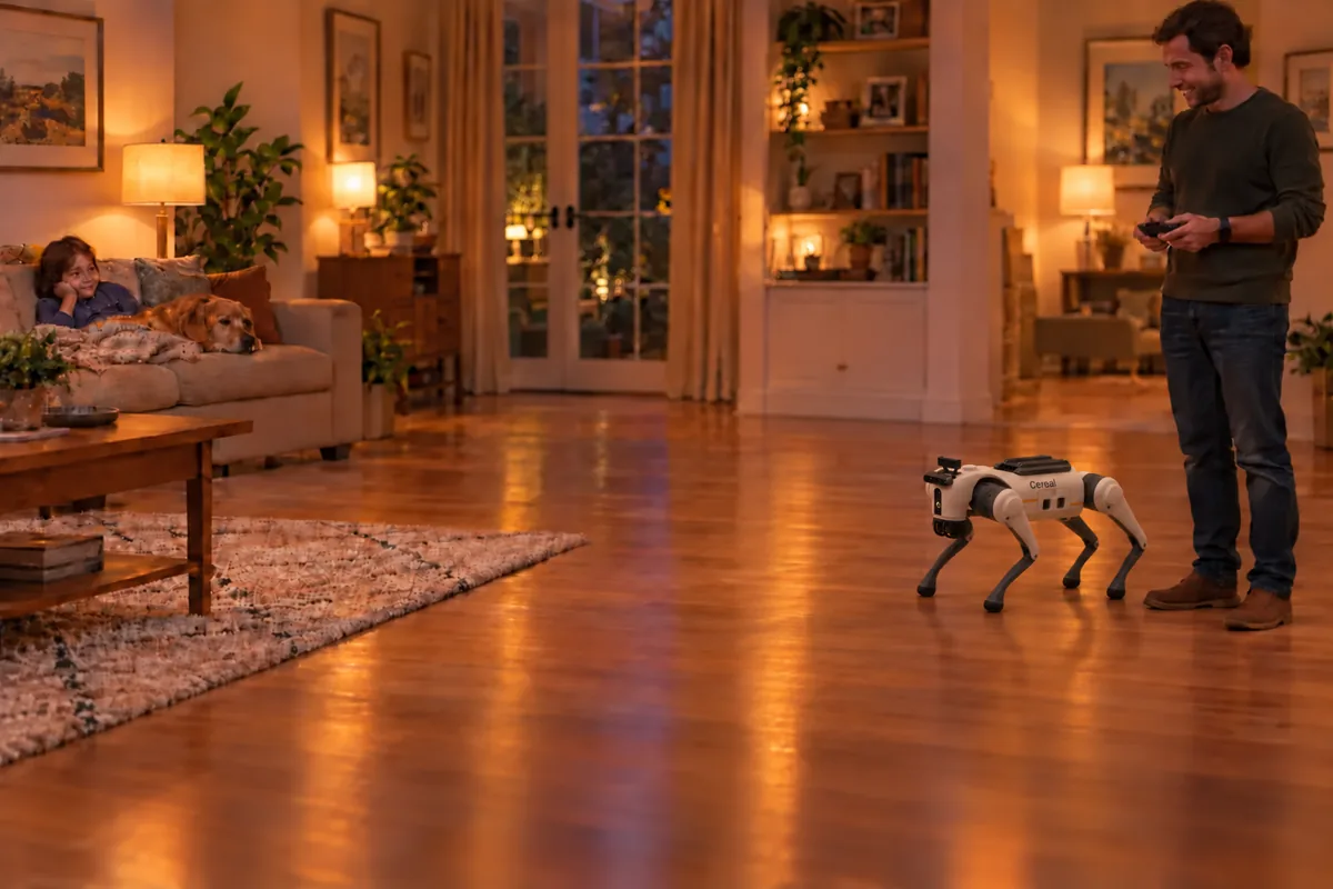 The robot walking across a living room floor while its owner watches nearby with the controller, and a child and the family dog rest on the sofa