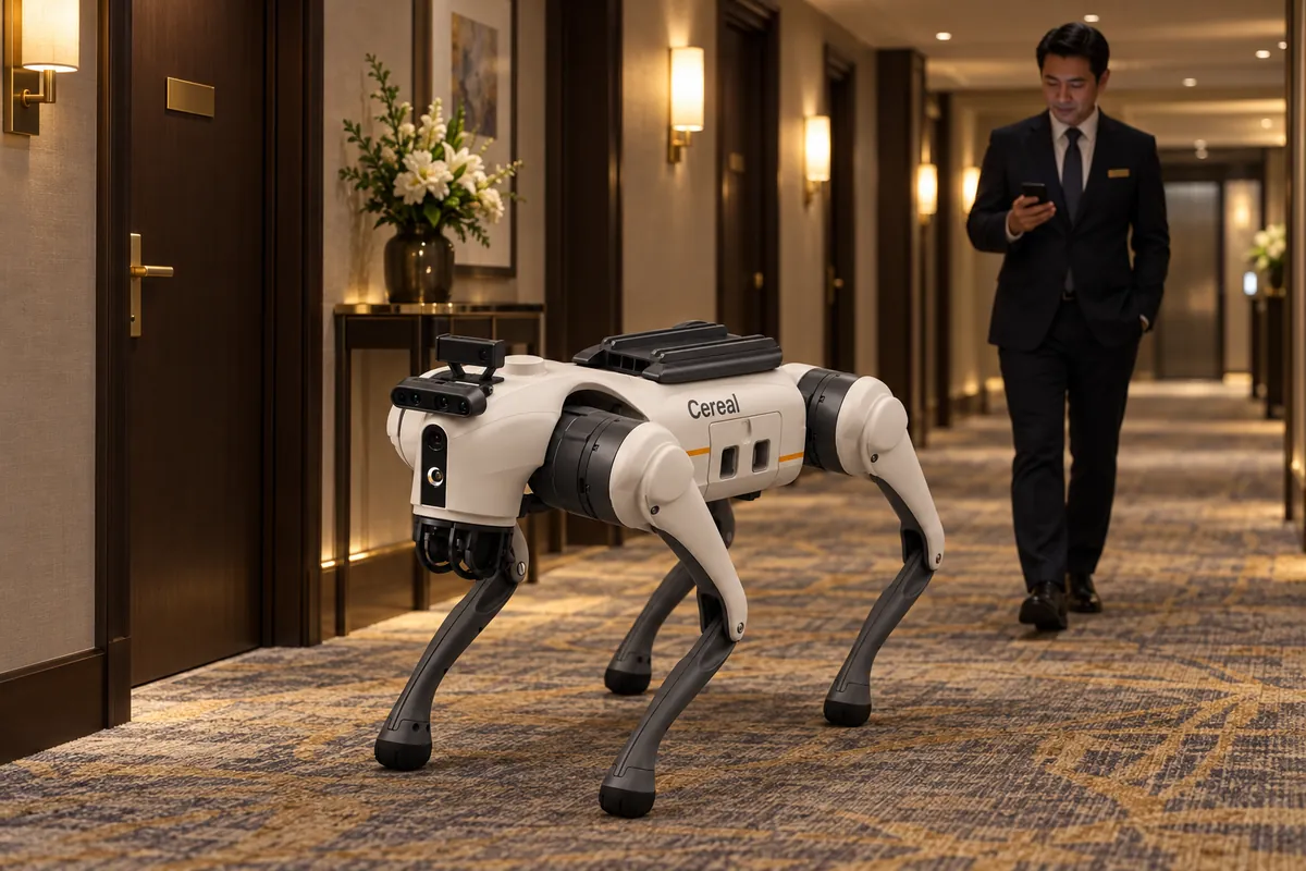 Cereal's four-legged robot walking along a hotel guest corridor at night as the duty manager follows a few steps behind
