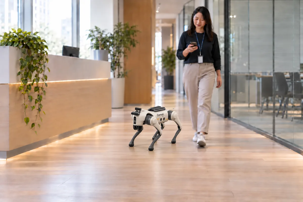 Cereal's four-legged robot walking along a building corridor past reception, with a staff member a few steps behind it
