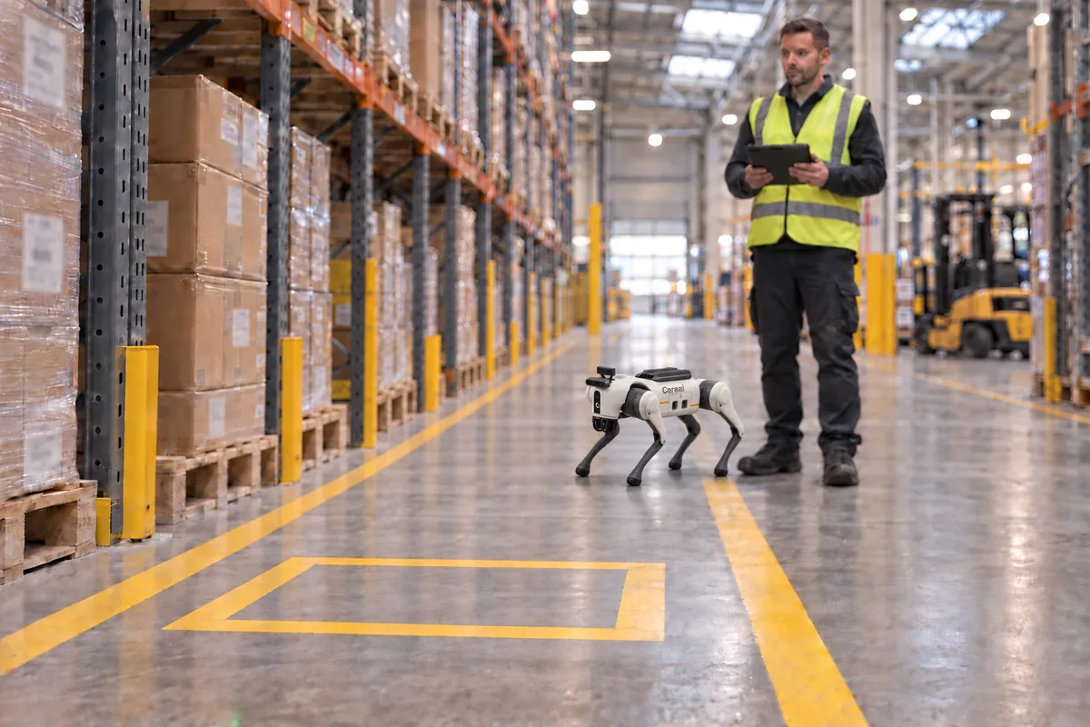 Cereal's four-legged robot walking along a warehouse aisle past a marked floor box while a supervisor in a high-visibility vest watches