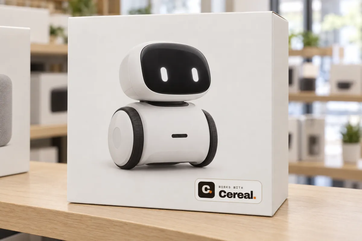 A white retail box on a store shelf with a photo of a small wheeled home robot and the Works with Cereal badge in its lower right corner