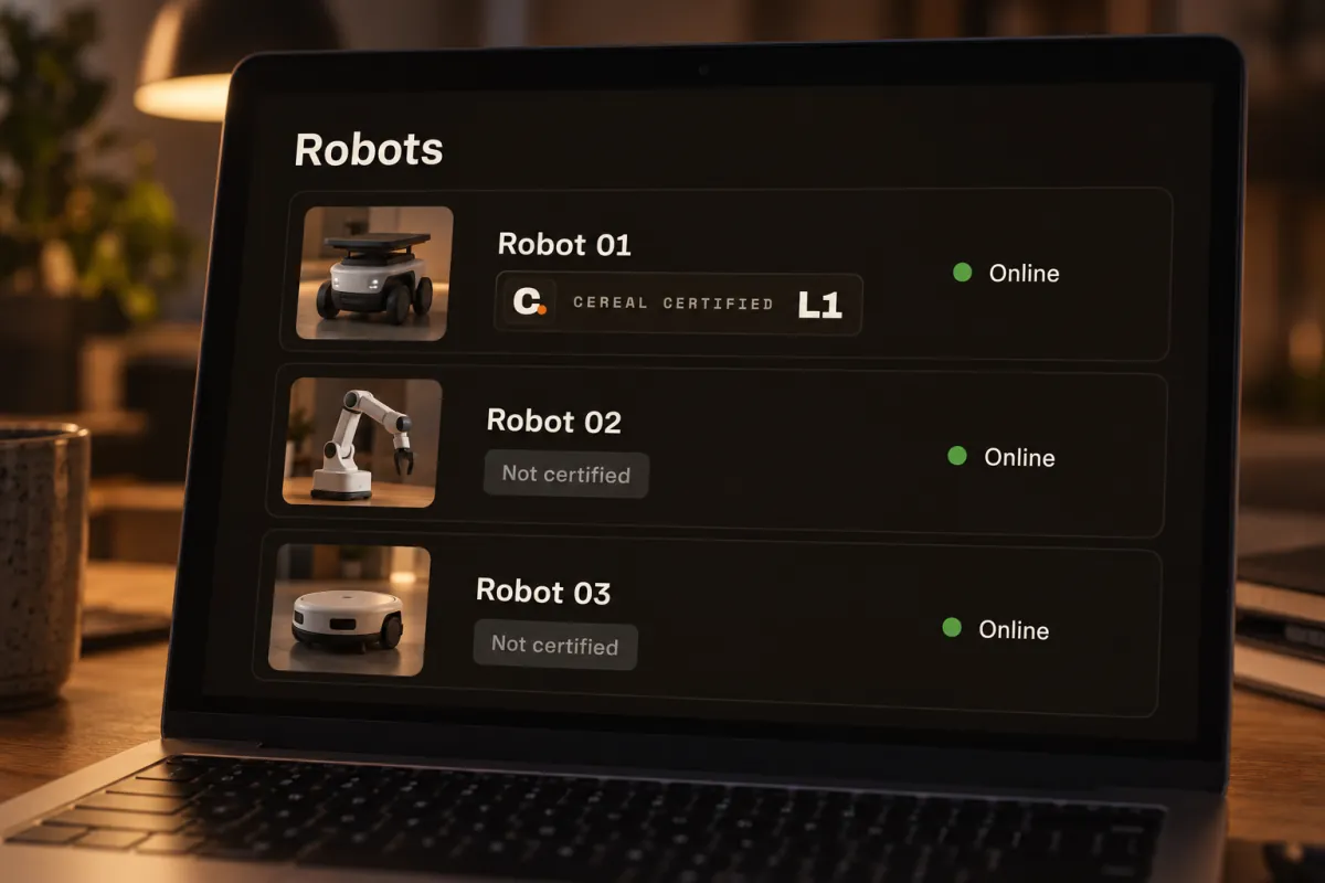A laptop showing a robot list in the Cereal console: Robot 01 with a Cereal Certified L1 chip, Robot 02 and Robot 03 marked Not certified