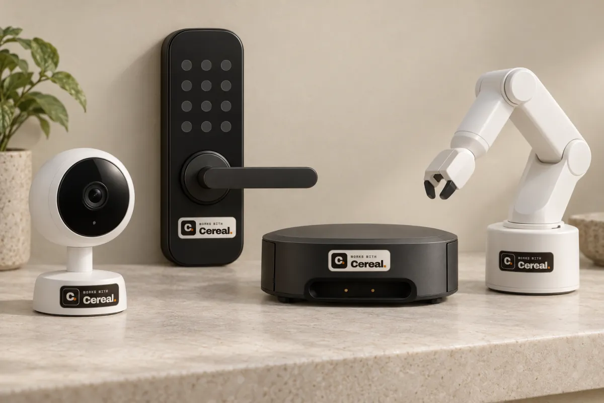 A home camera, a smart door lock, a charging dock and a small robot arm on a stone counter, each with a Works with Cereal badge