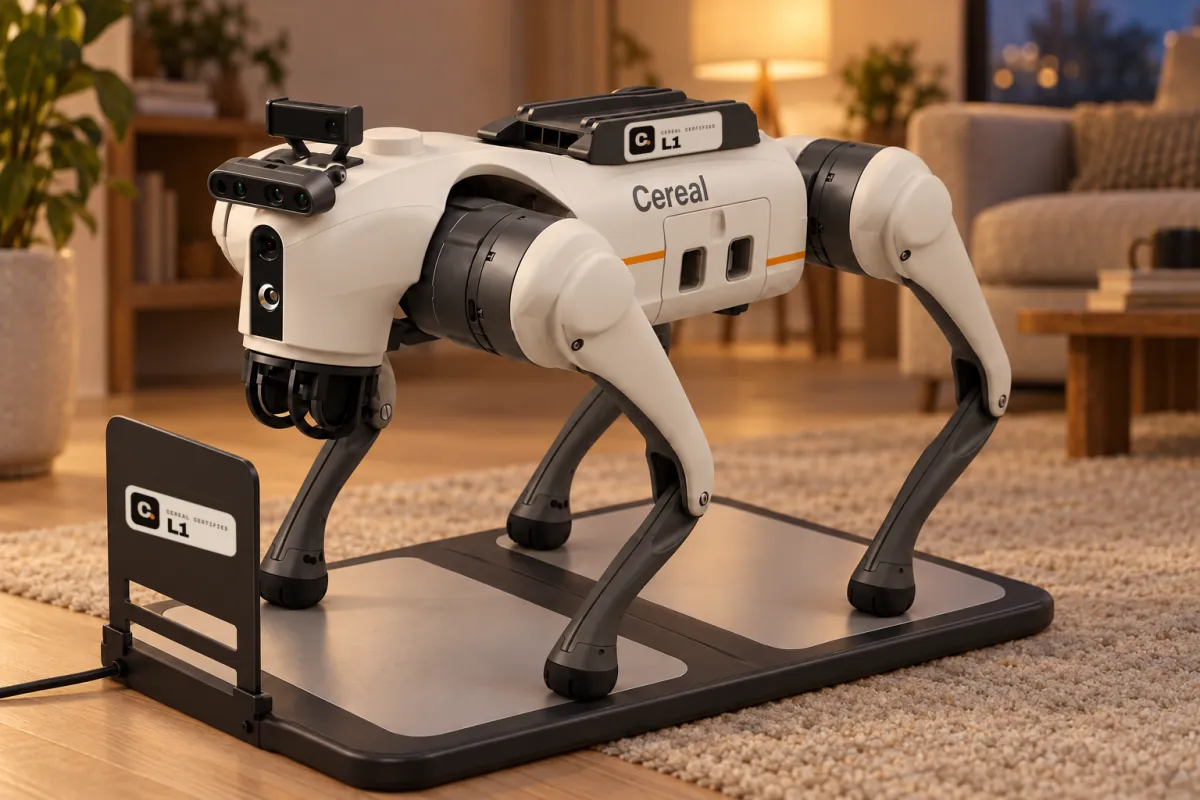 A white four-legged robot with charcoal legs and the Cereal wordmark on its side, standing on its charging pad in a living room, with the Cereal Certified L1 badge on the pad's back panel and on the dark box on its back