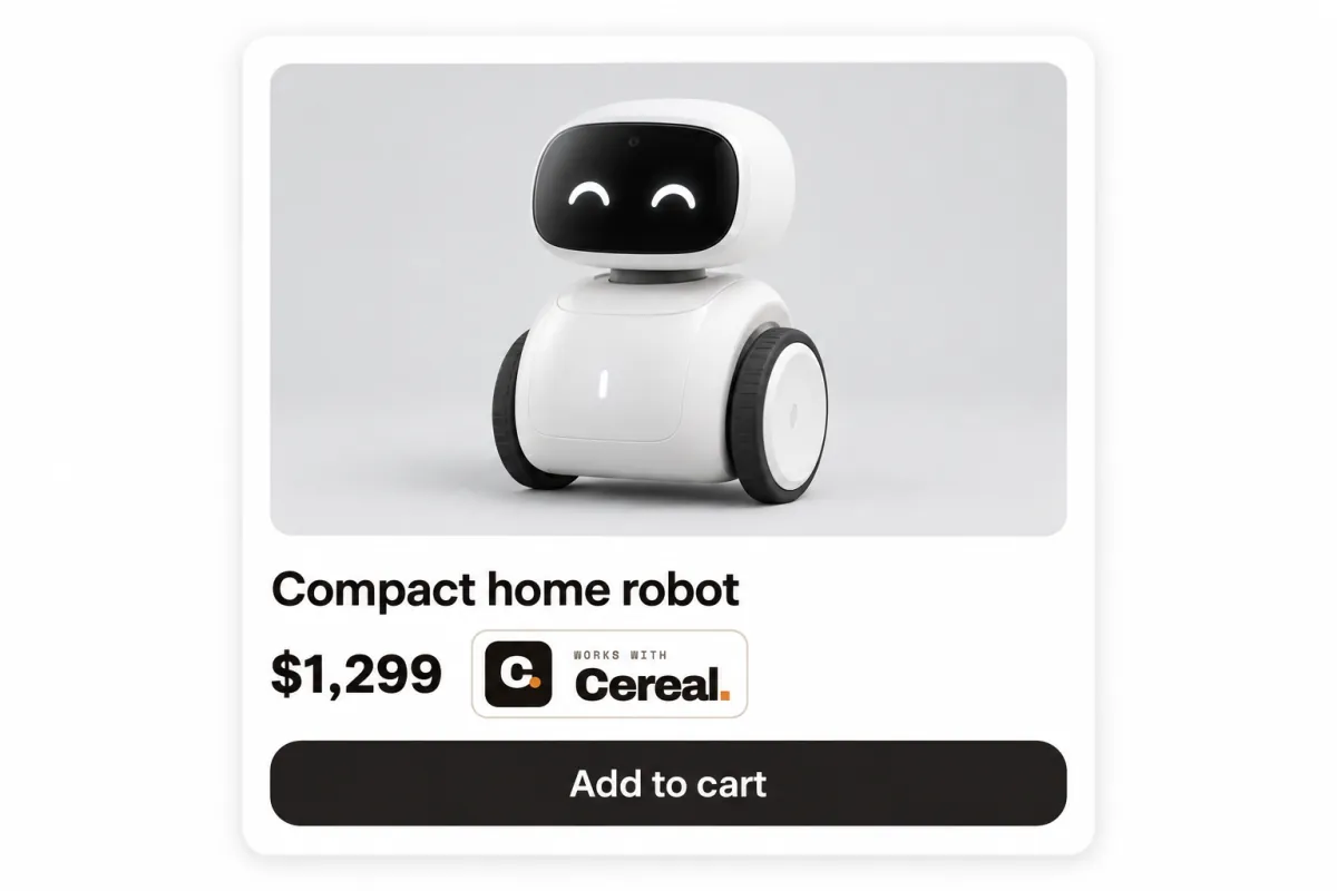 An online store card for a compact home robot with the Works with Cereal badge next to the price and an Add to cart button